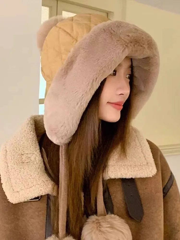 2025 new imitation rabbit fur warm winter hat for women cute thick white fluffy ball hat earmuffs slippers plush hat