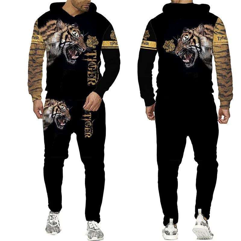 Novo Hooded Moletom e Calça 3D de Tigre Impresso Legal para Homens/Mulheres 2 Peças Conjunto de Roupas Esportivas Conjunto de Agasalho Outono e Inverno Roupas Masculinas