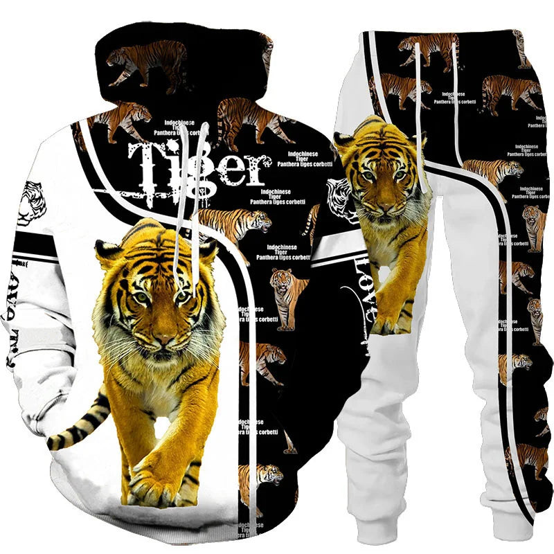 Novo Hooded Moletom e Calça 3D de Tigre Impresso Legal para Homens/Mulheres 2 Peças Conjunto de Roupas Esportivas Conjunto de Agasalho Outono e Inverno Roupas Masculinas