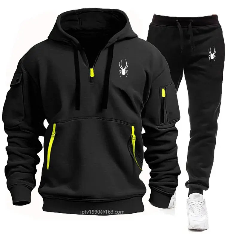 2025 new Spring and Autumn men's multi-pocket zipper hoodie + sweatpants two-piece jogging leisure fitness sports clothing set