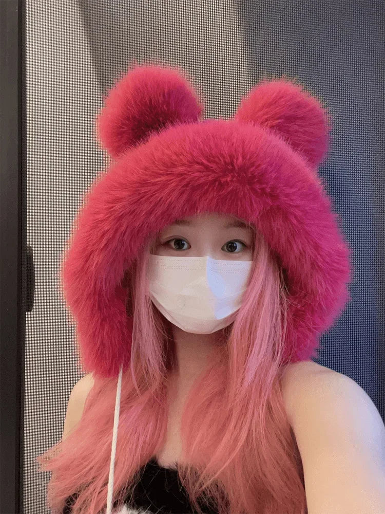 Chapéu de inverno feminino fofinho com orelhas de urso Kawaii, gorro de pele de raposa imitação de vison, pelúcia grossa, chapéu estilo japonês com proteção para as orelhas, boné para cosplay.