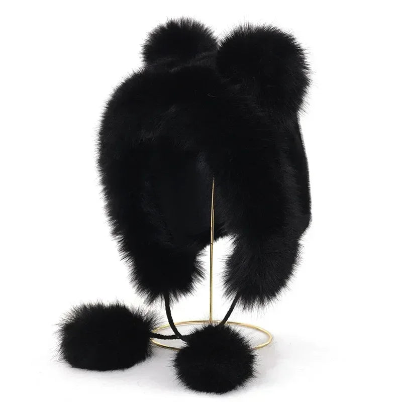 Chapéu de inverno feminino fofinho com orelhas de urso Kawaii, gorro de pele de raposa imitação de vison, pelúcia grossa, chapéu estilo japonês com proteção para as orelhas, boné para cosplay.