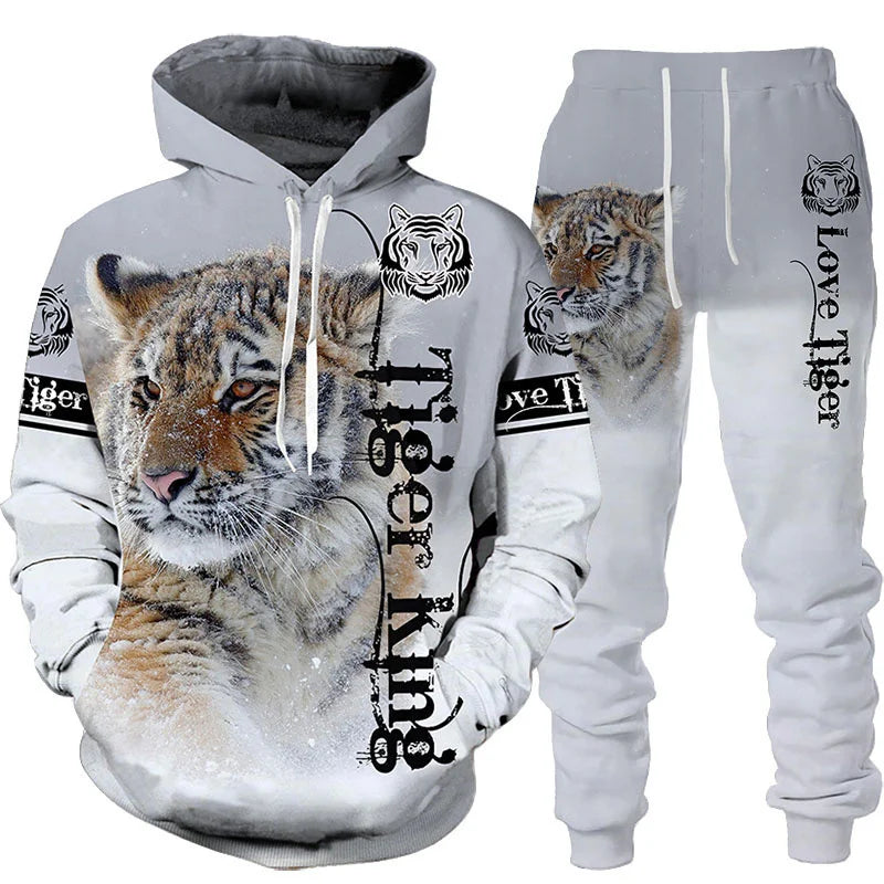 Novo Hooded Moletom e Calça 3D de Tigre Impresso Legal para Homens/Mulheres 2 Peças Conjunto de Roupas Esportivas Conjunto de Agasalho Outono e Inverno Roupas Masculinas