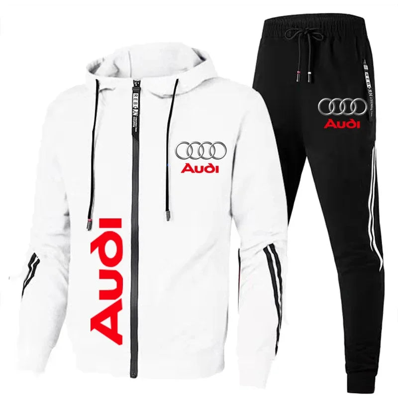 Conjunto de Moletom Masculino com Logo Audi Impresso Roupas Esportivas Casaco com Capuz Zíper + Calças 2 Peças Conjunto Casual de Fitness para Corrida Roupas Masculinas