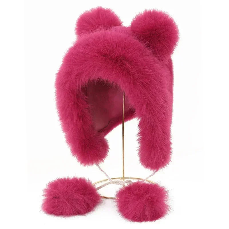 Chapéu de Inverno Quente com Orelhas de Urso Fofas para Mulheres, Chapéu de Pelúcia de Raposa, Imitação de Visão, Chapéu Estilo Bomber Japonês, Proteção para as Orelhas, Cap de Cosplay.