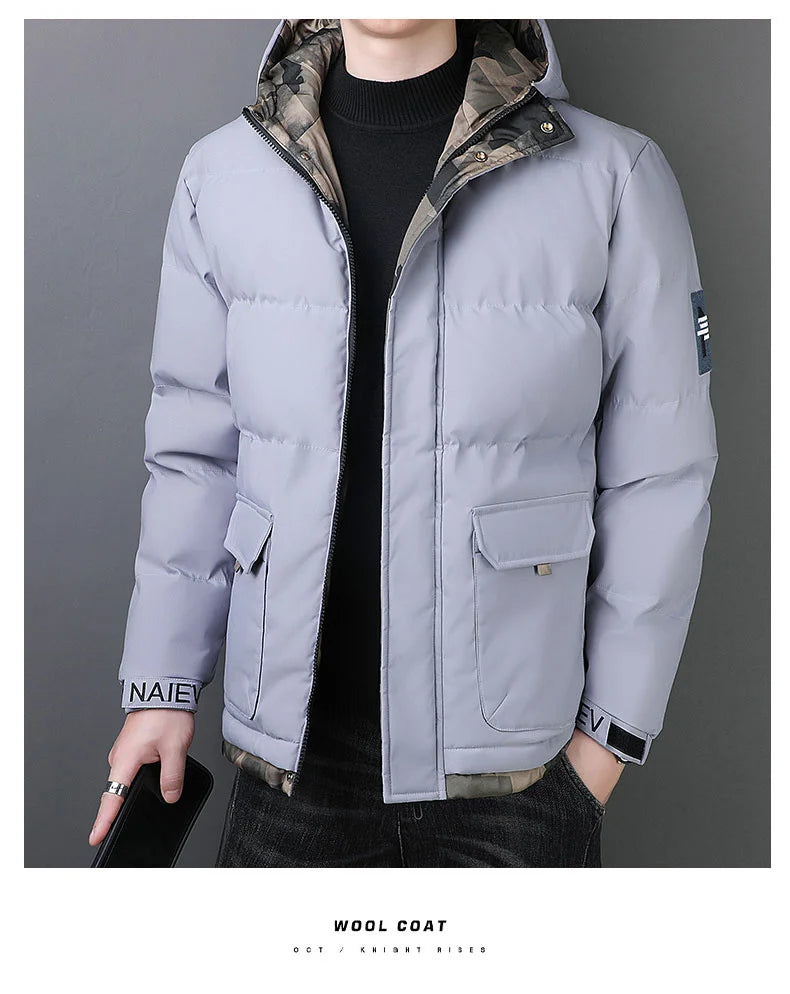 Novo Casaco de Algodão Forrado Moda Masculina Inverno Marca Capuz À Prova de Vento Down Algodão Casaco Quente Masculino Parka de Esqui Espessante Coreano