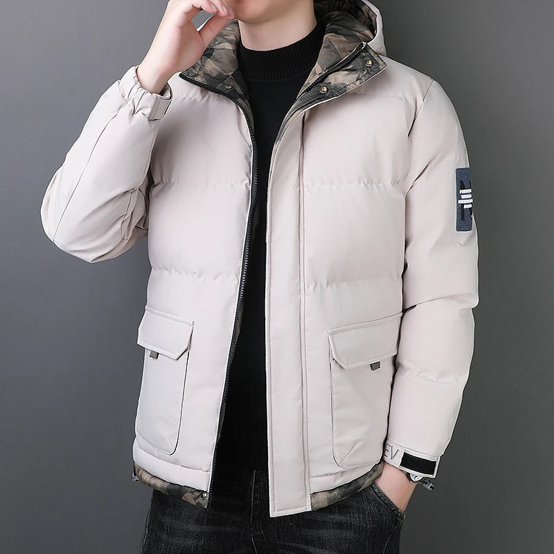 Novo Casaco de Algodão Forrado Moda Masculina Inverno Marca Capuz À Prova de Vento Down Algodão Casaco Quente Masculino Parka de Esqui Espessante Coreano