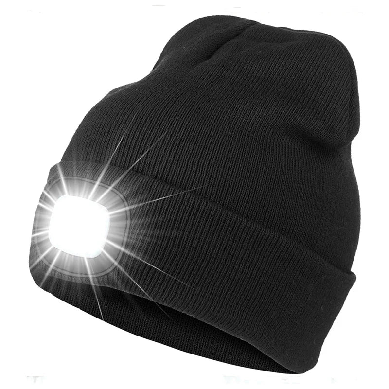 Gorro de Lã com LED Quente Beanie Elástico Outono Inverno Esportes ao Ar Livre Noite Caminhada Pesca Camping Gorro Brilhante Unissex Farol de Cabeça