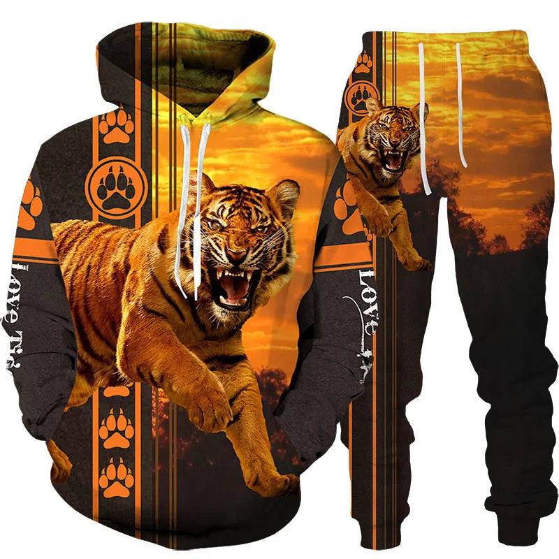 Novo Hooded Moletom e Calça 3D de Tigre Impresso Legal para Homens/Mulheres 2 Peças Conjunto de Roupas Esportivas Conjunto de Agasalho Outono e Inverno Roupas Masculinas