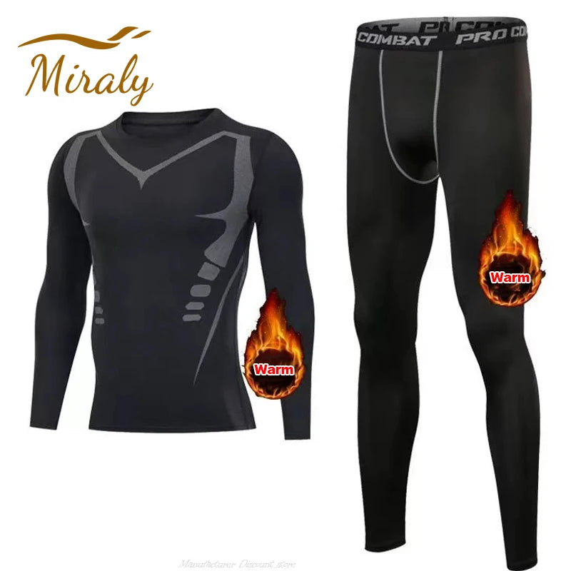 New 2-pieces Winter Warm Men Underwear Set Fleece Thermal Undershirts Long Johns Compression Tights Fitness Sports Tracksuit Set