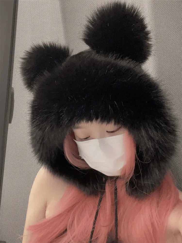 Chapéu de inverno feminino fofinho com orelhas de urso Kawaii, gorro de pele de raposa imitação de vison, pelúcia grossa, chapéu estilo japonês com proteção para as orelhas, boné para cosplay.