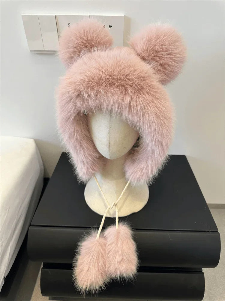 Chapéu de inverno feminino fofinho com orelhas de urso Kawaii, gorro de pele de raposa imitação de vison, pelúcia grossa, chapéu estilo japonês com proteção para as orelhas, boné para cosplay.