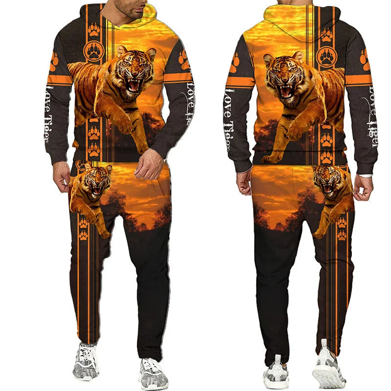 Novo Hooded Moletom e Calça 3D de Tigre Impresso Legal para Homens/Mulheres 2 Peças Conjunto de Roupas Esportivas Conjunto de Agasalho Outono e Inverno Roupas Masculinas