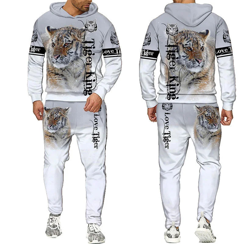 Novo Hooded Moletom e Calça 3D de Tigre Impresso Legal para Homens/Mulheres 2 Peças Conjunto de Roupas Esportivas Conjunto de Agasalho Outono e Inverno Roupas Masculinas