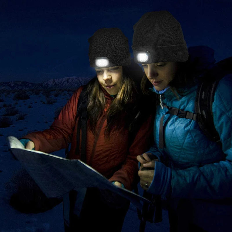 Gorro de Lã com LED Quente Beanie Elástico Outono Inverno Esportes ao Ar Livre Noite Caminhada Pesca Camping Gorro Brilhante Unissex Farol de Cabeça