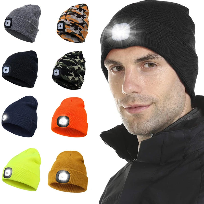 Gorro de Lã com LED Quente Beanie Elástico Outono Inverno Esportes ao Ar Livre Noite Caminhada Pesca Camping Gorro Brilhante Unissex Farol de Cabeça