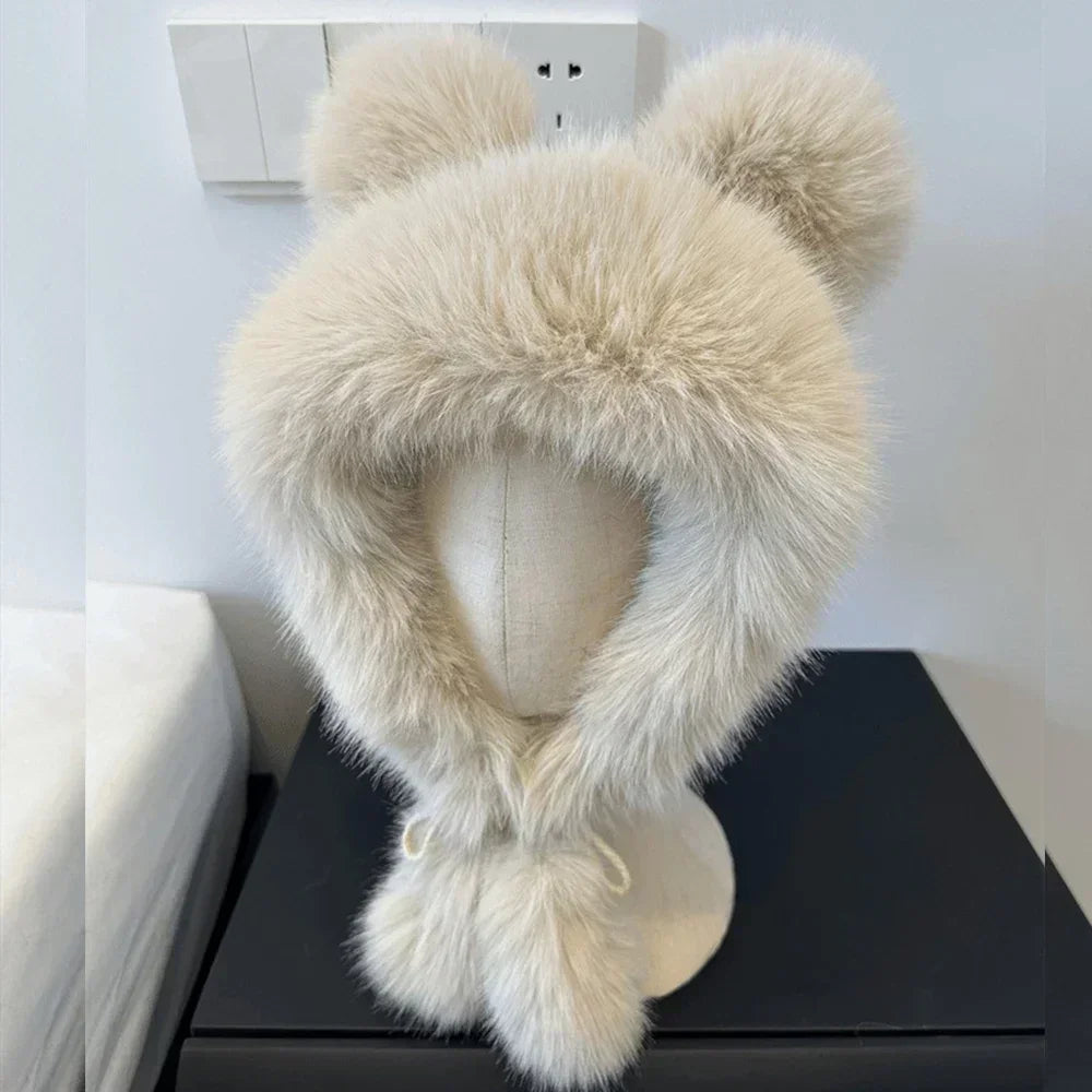 Chapéu de Inverno Quente com Orelhas de Urso Fofas para Mulheres, Chapéu de Pelúcia de Raposa, Imitação de Visão, Chapéu Estilo Bomber Japonês, Proteção para as Orelhas, Cap de Cosplay.