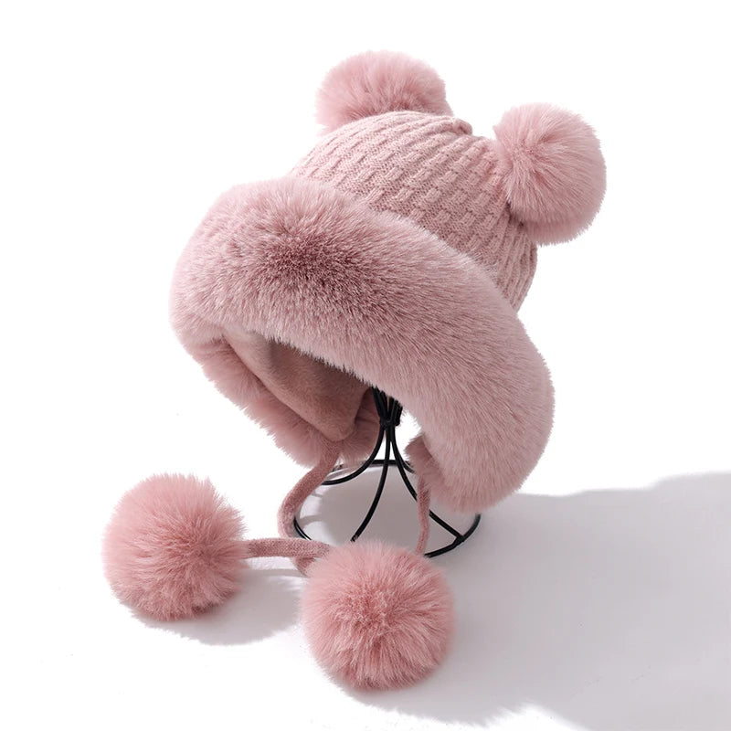 2025 new imitation rabbit fur warm winter hat for women cute thick white fluffy ball hat earmuffs slippers plush hat