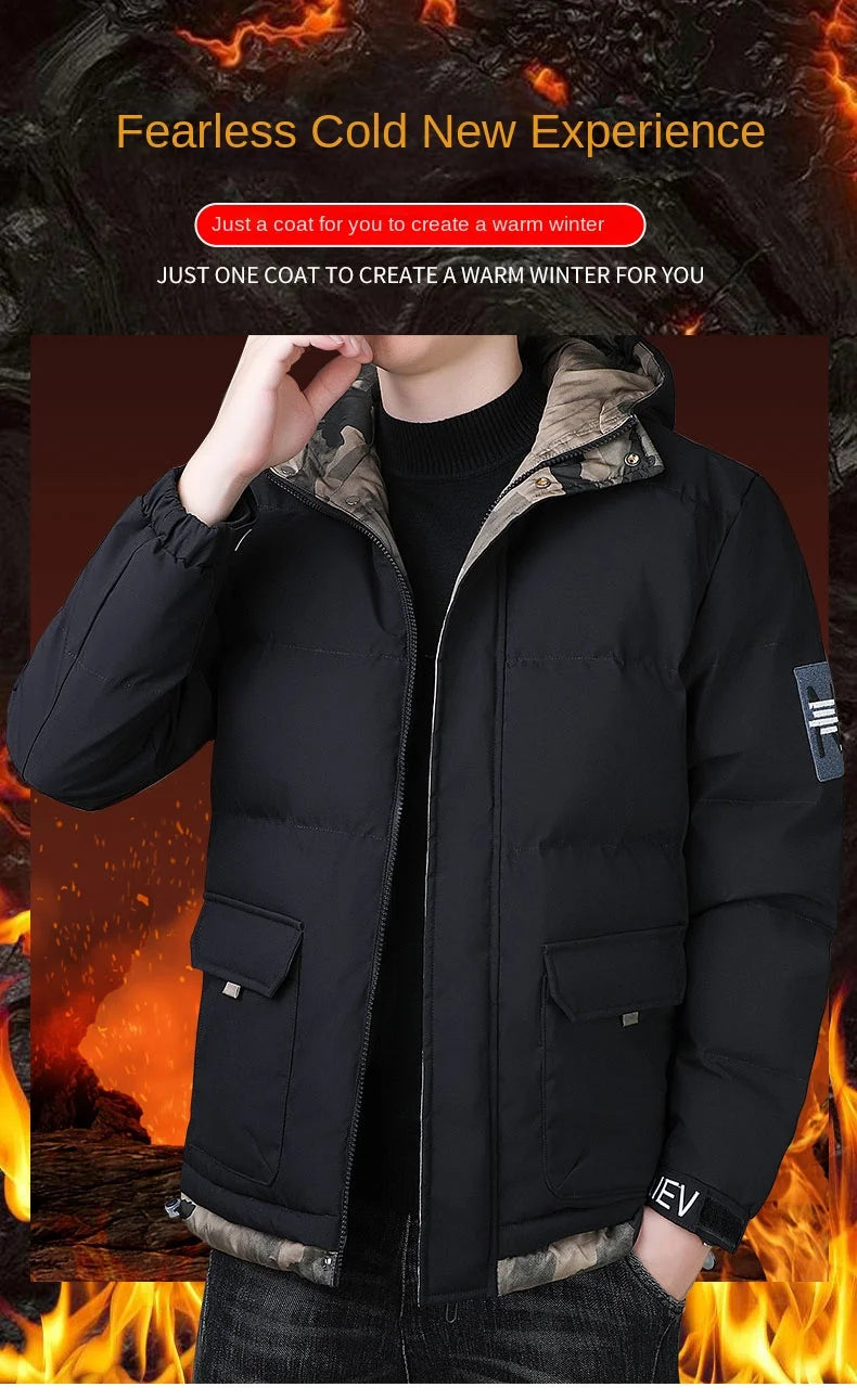 Novo Casaco de Algodão Forrado Moda Masculina Inverno Marca Capuz À Prova de Vento Down Algodão Casaco Quente Masculino Parka de Esqui Espessante Coreano