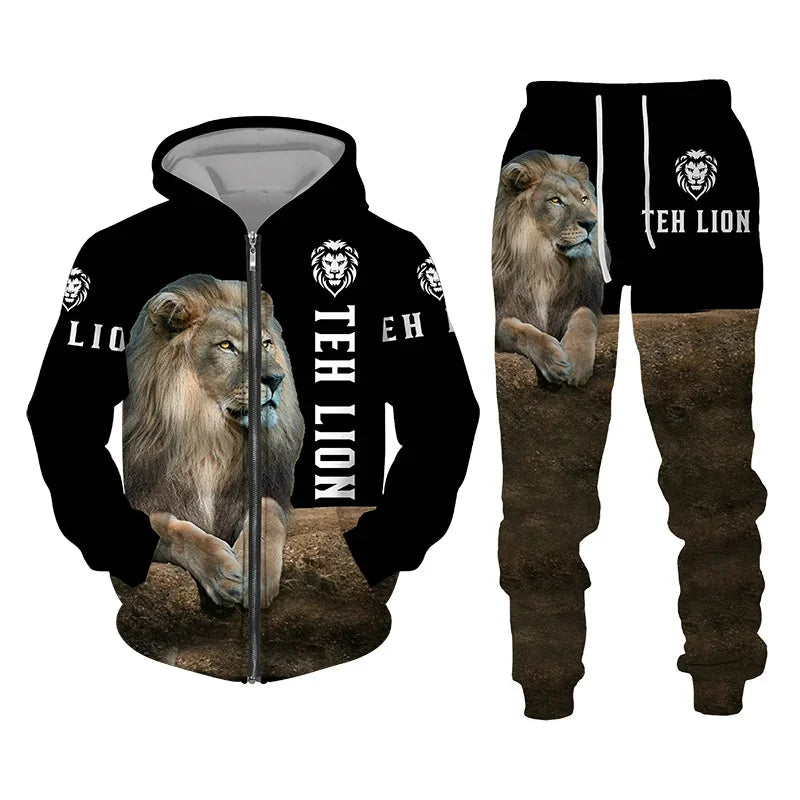 Conjunto de Moletom com Capuz com Zíper para Homens, Roupas de Outono Inverno, Conjunto de Treino, Impressão 3D de Animal Leão, Moletons e Calças, Roupas Casuais Oversize, Alta Qualidade.