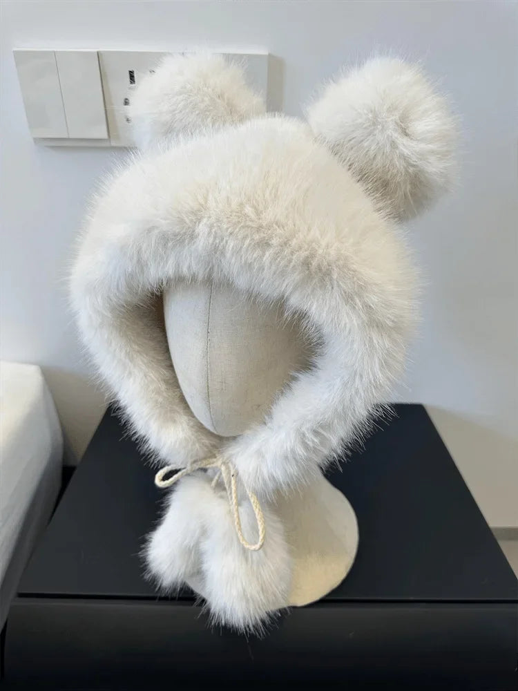 Chapéu de inverno feminino fofinho com orelhas de urso Kawaii, gorro de pele de raposa imitação de vison, pelúcia grossa, chapéu estilo japonês com proteção para as orelhas, boné para cosplay.