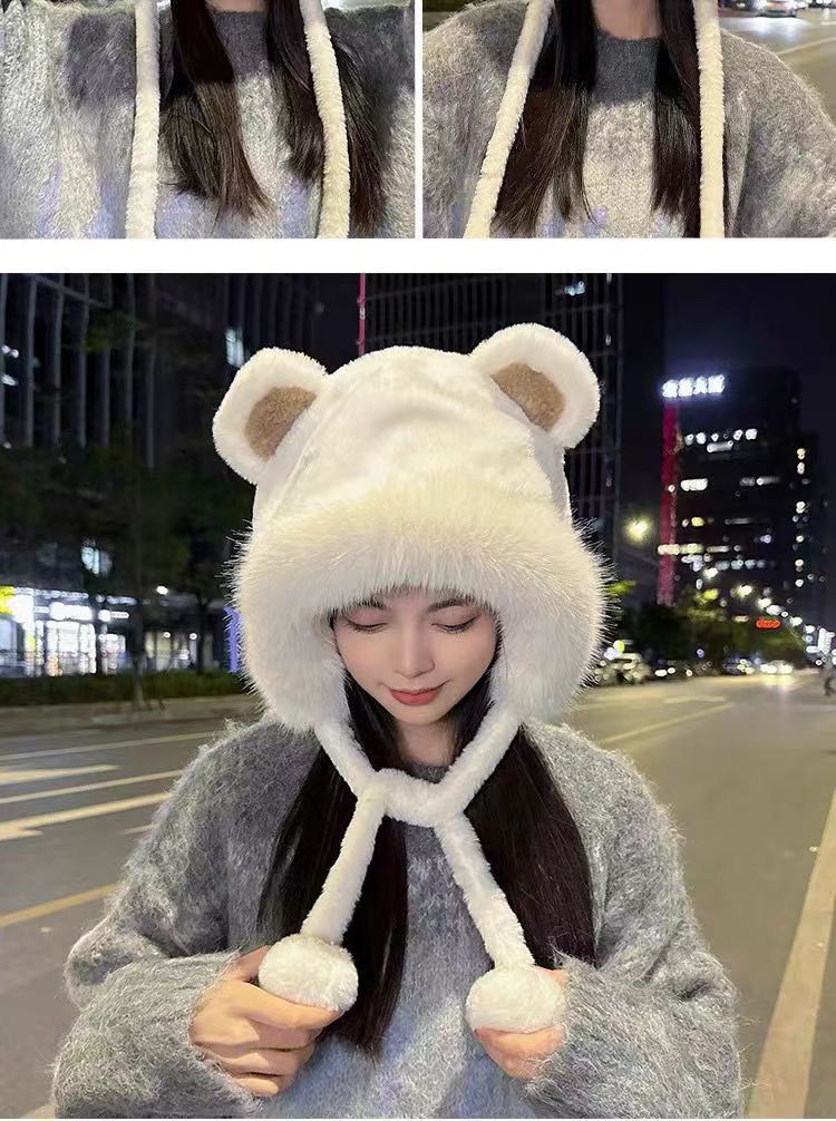 Chapéu de pelúcia Bear de Inverno para Ciclismo ao Ar Livre, Chapéu de Proteção para Ouvidos, Chapéu Espesso e Quente, Chapéu Casual de Fleece para Meninas, Essenciais de Aquecimento para Mulheres