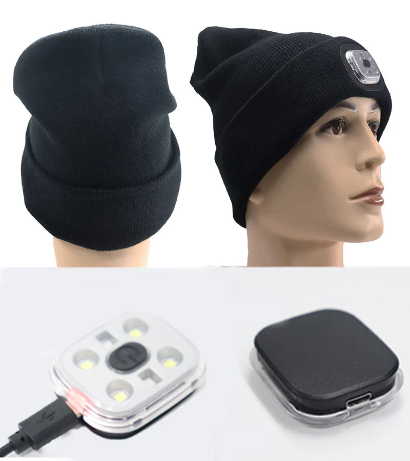 Gorro de Lã com LED Quente Beanie Elástico Outono Inverno Esportes ao Ar Livre Noite Caminhada Pesca Camping Gorro Brilhante Unissex Farol de Cabeça