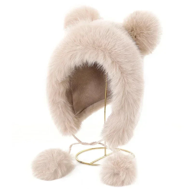 Chapéu de inverno feminino fofinho com orelhas de urso Kawaii, gorro de pele de raposa imitação de vison, pelúcia grossa, chapéu estilo japonês com proteção para as orelhas, boné para cosplay.