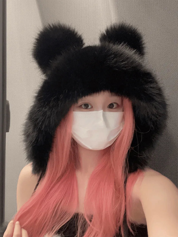 Chapéu de Inverno Quente com Orelhas de Urso Fofas para Mulheres, Chapéu de Pelúcia de Raposa, Imitação de Visão, Chapéu Estilo Bomber Japonês, Proteção para as Orelhas, Cap de Cosplay.