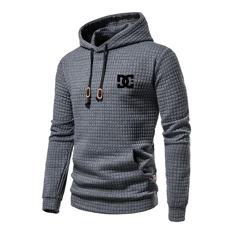 New Autumn And Winter European Men's DC Letter Printed Casual Large Pocket Hoodie Pullover Small Grid Jacquard Plus Size