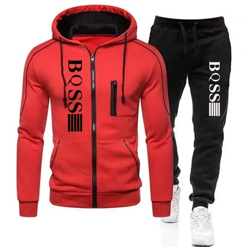 Conjunto Esportivo Masculino Outono Novo Casaco de Cardigan com Zíper + Calças de Moletom Listradas Corrida Fitness Basquete Jogging Conjunto de 2 Peças