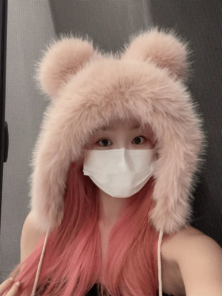 Chapéu de inverno feminino fofinho com orelhas de urso Kawaii, gorro de pele de raposa imitação de vison, pelúcia grossa, chapéu estilo japonês com proteção para as orelhas, boné para cosplay.