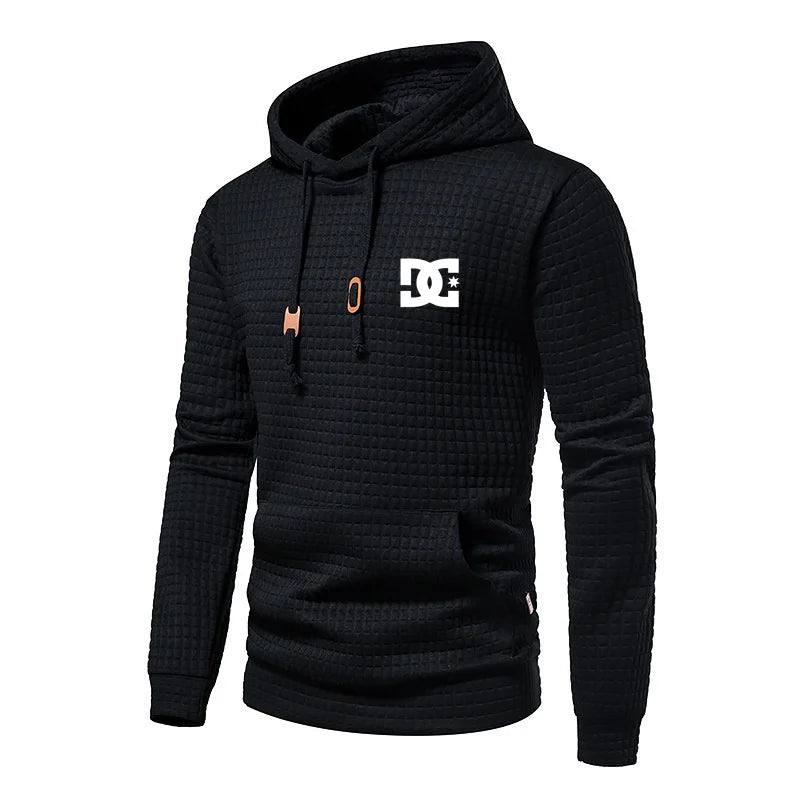 New Autumn And Winter European Men's DC Letter Printed Casual Large Pocket Hoodie Pullover Small Grid Jacquard Plus Size