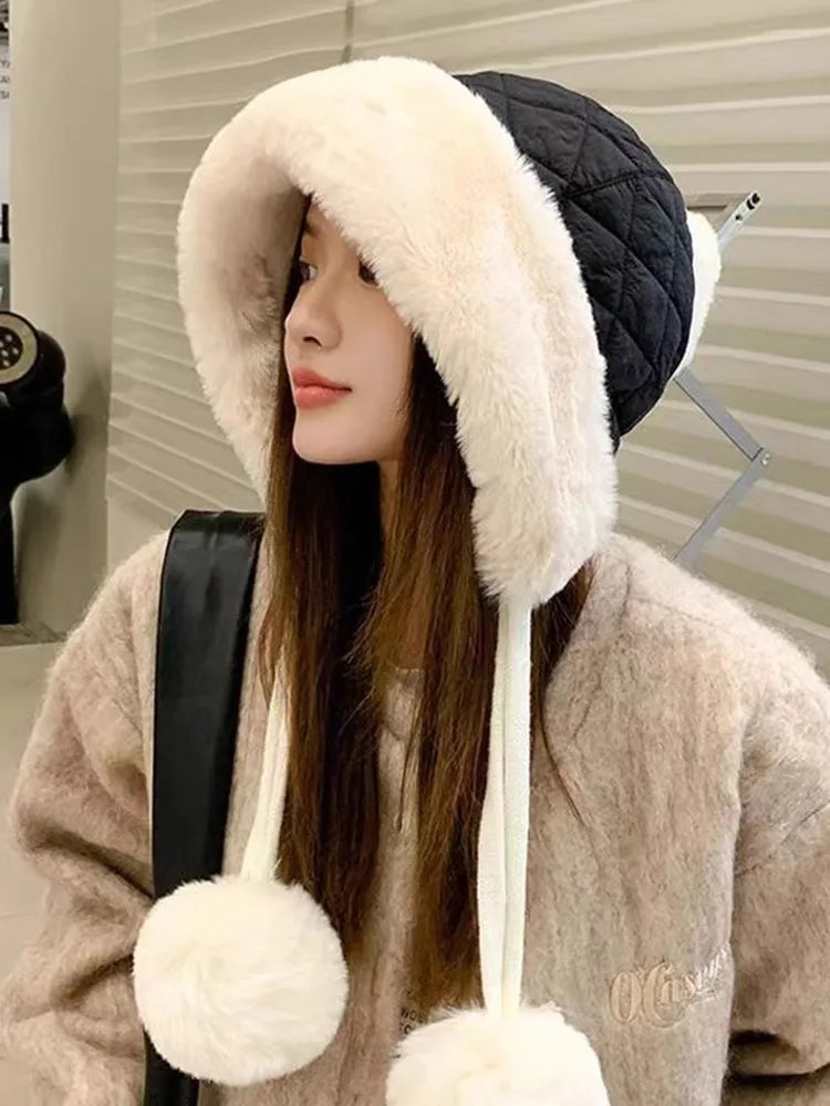 2025 new imitation rabbit fur warm winter hat for women cute thick white fluffy ball hat earmuffs slippers plush hat