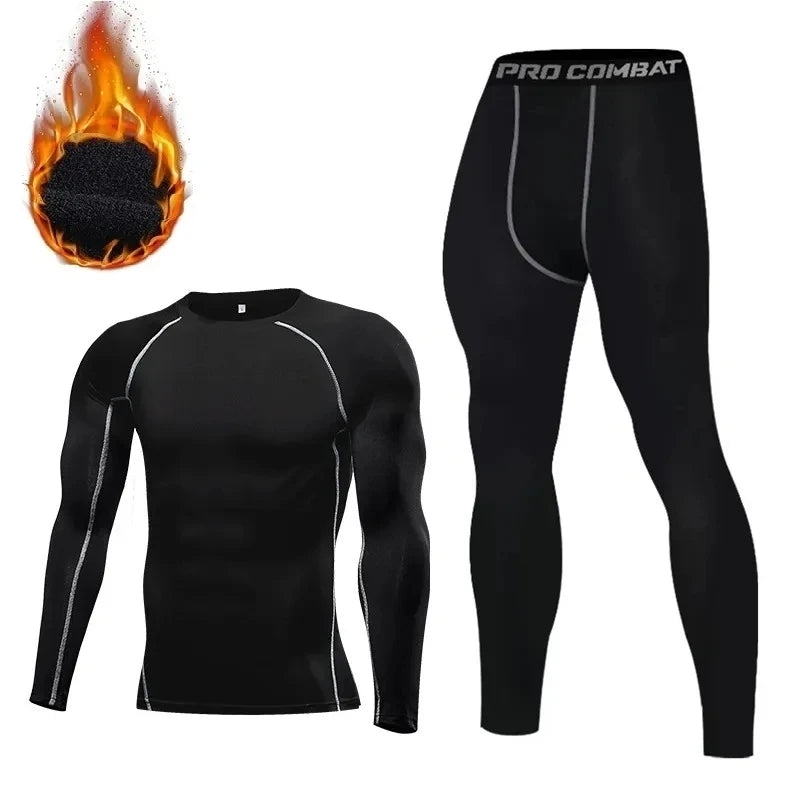 New 2-pieces Winter Warm Men Underwear Set Fleece Thermal Undershirts Long Johns Compression Tights Fitness Sports Tracksuit Set