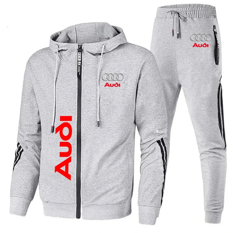 Conjunto de Moletom Masculino com Logo Audi Impresso Roupas Esportivas Casaco com Capuz Zíper + Calças 2 Peças Conjunto Casual de Fitness para Corrida Roupas Masculinas