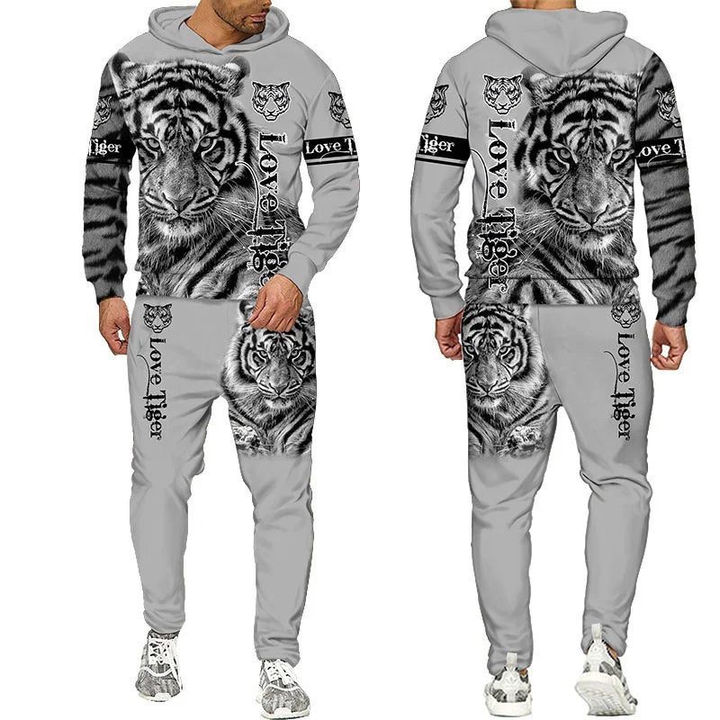 Novo Hooded Moletom e Calça 3D de Tigre Impresso Legal para Homens/Mulheres 2 Peças Conjunto de Roupas Esportivas Conjunto de Agasalho Outono e Inverno Roupas Masculinas