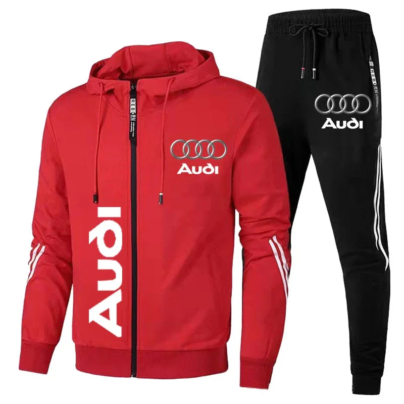 Conjunto de Moletom Masculino com Logo Audi Impresso Roupas Esportivas Casaco com Capuz Zíper + Calças 2 Peças Conjunto Casual de Fitness para Corrida Roupas Masculinas