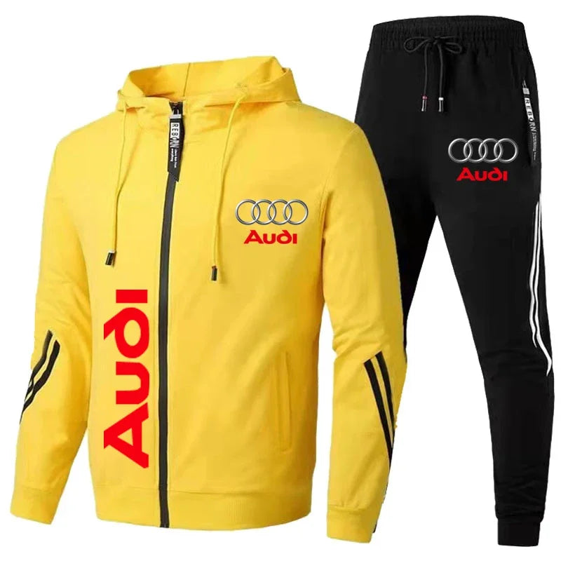 Conjunto de Moletom Masculino com Logo Audi Impresso Roupas Esportivas Casaco com Capuz Zíper + Calças 2 Peças Conjunto Casual de Fitness para Corrida Roupas Masculinas