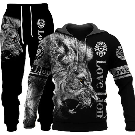 Novo Hooded Moletom e Calça 3D de Tigre Impresso Legal para Homens/Mulheres 2 Peças Conjunto de Roupas Esportivas Conjunto de Agasalho Outono e Inverno Roupas Masculinas