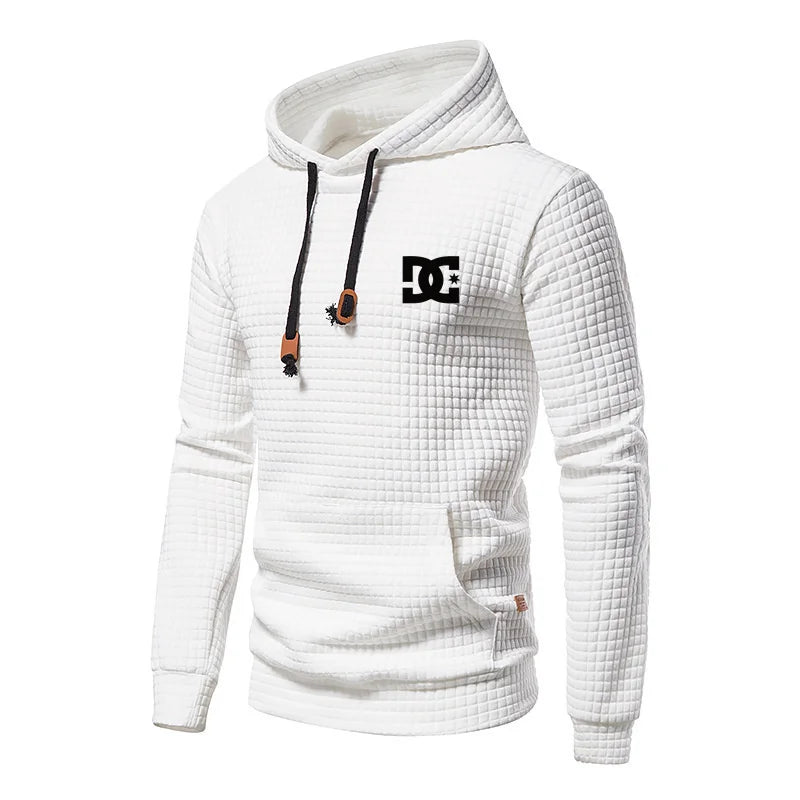 New Autumn And Winter European Men's DC Letter Printed Casual Large Pocket Hoodie Pullover Small Grid Jacquard Plus Size