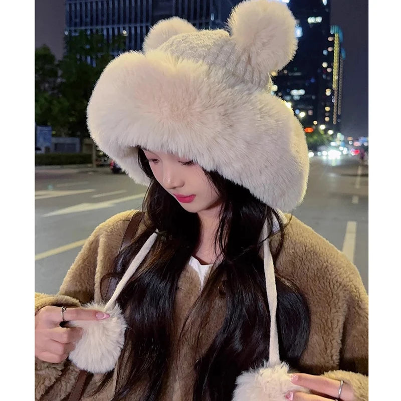 2025 new imitation rabbit fur warm winter hat for women cute thick white fluffy ball hat earmuffs slippers plush hat