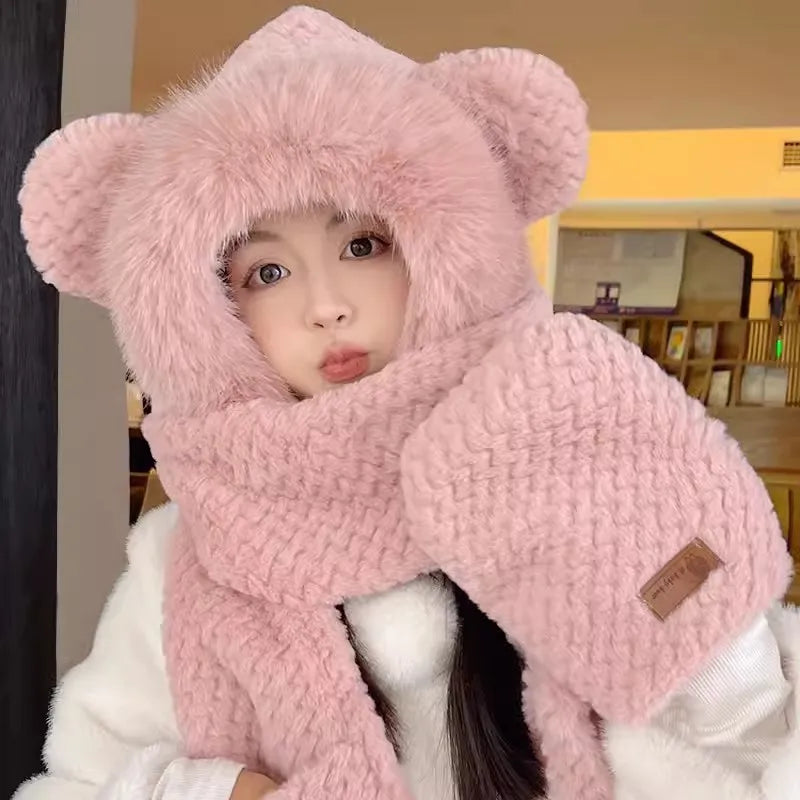 New Style Cartoon Cute Winter warm bear three-piece hat scarf gloves cute thick velvet hat Outdoor Cycling Warmth Artifact Plush