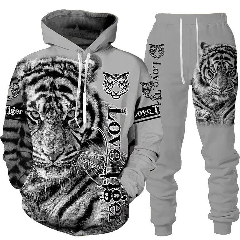 Novo Hooded Moletom e Calça 3D de Tigre Impresso Legal para Homens/Mulheres 2 Peças Conjunto de Roupas Esportivas Conjunto de Agasalho Outono e Inverno Roupas Masculinas