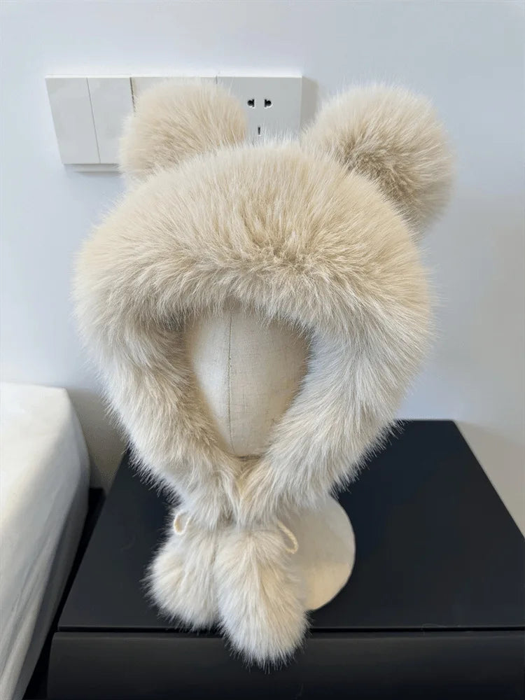 Chapéu de Inverno Quente com Orelhas de Urso Fofas para Mulheres, Chapéu de Pelúcia de Raposa, Imitação de Visão, Chapéu Estilo Bomber Japonês, Proteção para as Orelhas, Cap de Cosplay.