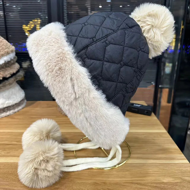 2025 new imitation rabbit fur warm winter hat for women cute thick white fluffy ball hat earmuffs slippers plush hat