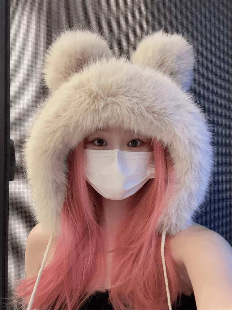 Chapéu de inverno feminino fofinho com orelhas de urso Kawaii, gorro de pele de raposa imitação de vison, pelúcia grossa, chapéu estilo japonês com proteção para as orelhas, boné para cosplay.