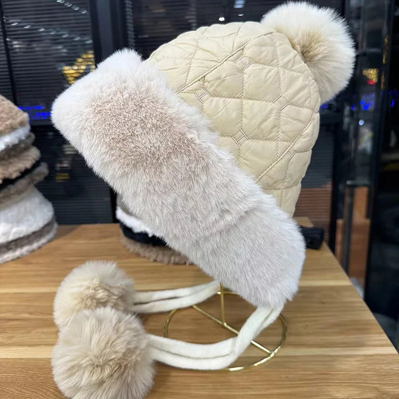 2025 new imitation rabbit fur warm winter hat for women cute thick white fluffy ball hat earmuffs slippers plush hat