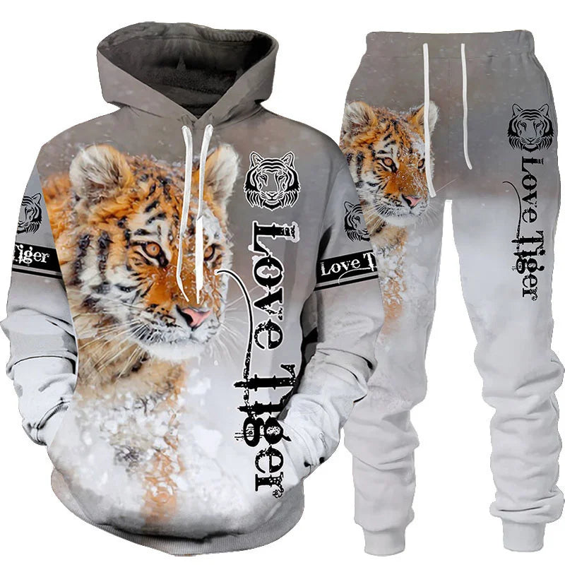 Novo Hooded Moletom e Calça 3D de Tigre Impresso Legal para Homens/Mulheres 2 Peças Conjunto de Roupas Esportivas Conjunto de Agasalho Outono e Inverno Roupas Masculinas