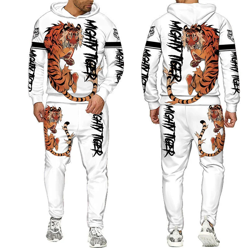 Novo Hooded Moletom e Calça 3D de Tigre Impresso Legal para Homens/Mulheres 2 Peças Conjunto de Roupas Esportivas Conjunto de Agasalho Outono e Inverno Roupas Masculinas